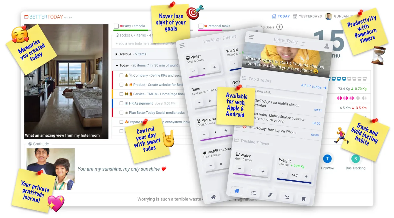 Better Today day planner showing todos, goals, trackers, memories and gratitude on one screen